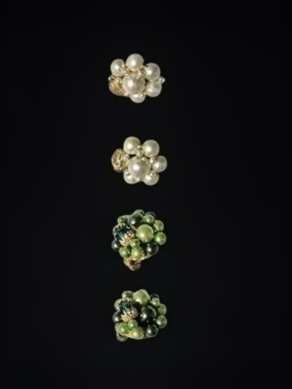 VTG. Two Sets Cluster Faux Pearl and Green Bead Clip-On Earrings. Signed Japan